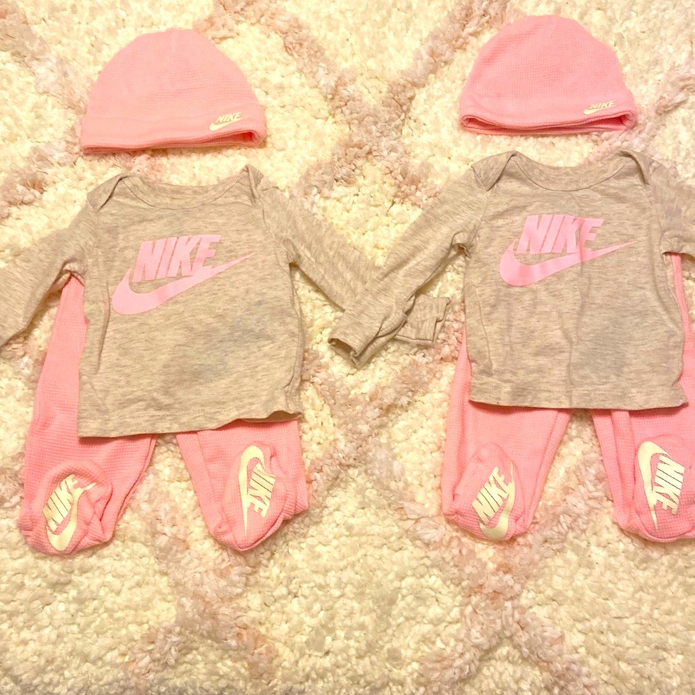 Nike two piece set with matching hat. Size: Newborn. Color: pink & gray